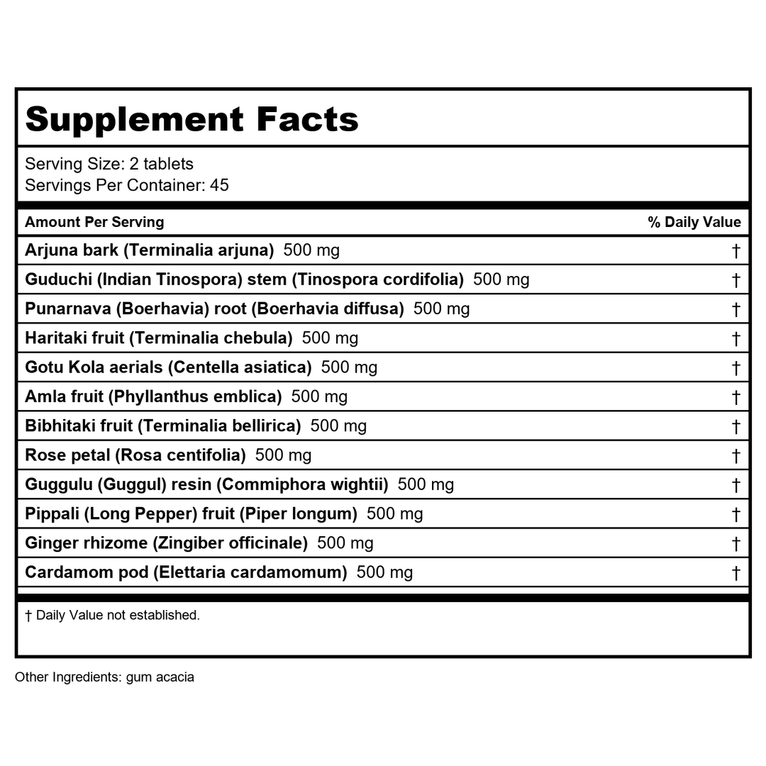 Banyan Botanicals Heart Formula 90 Tablets - Supplement Facts panel