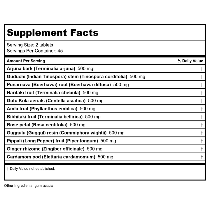Banyan Botanicals Heart Formula 90 Tablets - Supplement Facts panel