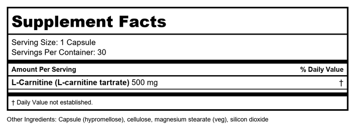 Metagenics L-Carnitine 30 Capsules - 3 Pack - Supplement Facts panel