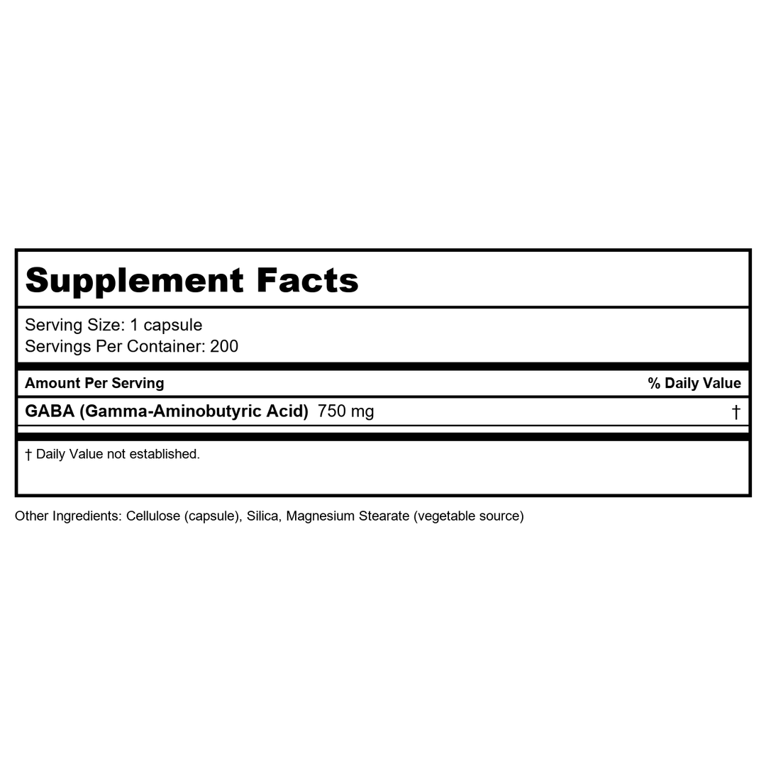 Now Foods GABA 750 mg 200 Vcaps - 0129 - Supplement Facts panel