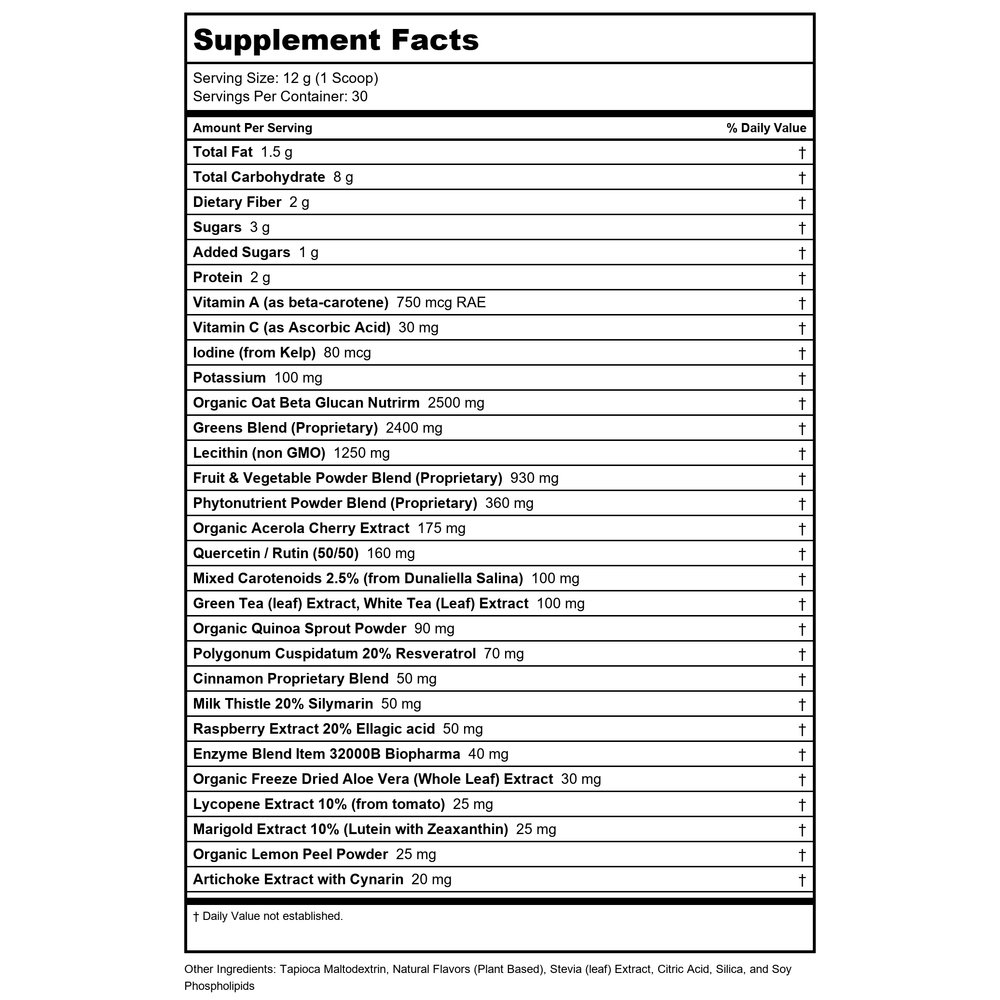 Biopharma Scientific NanoGreens10 Strawberry Flavor 30 Servings 12.7 oz - Walmart Only - Supplement Facts panel