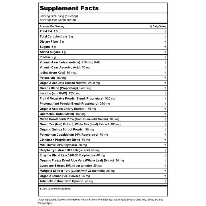 Biopharma Scientific NanoGreens10 Strawberry Flavor 30 Servings 12.7 oz - Walmart Only - Supplement Facts panel