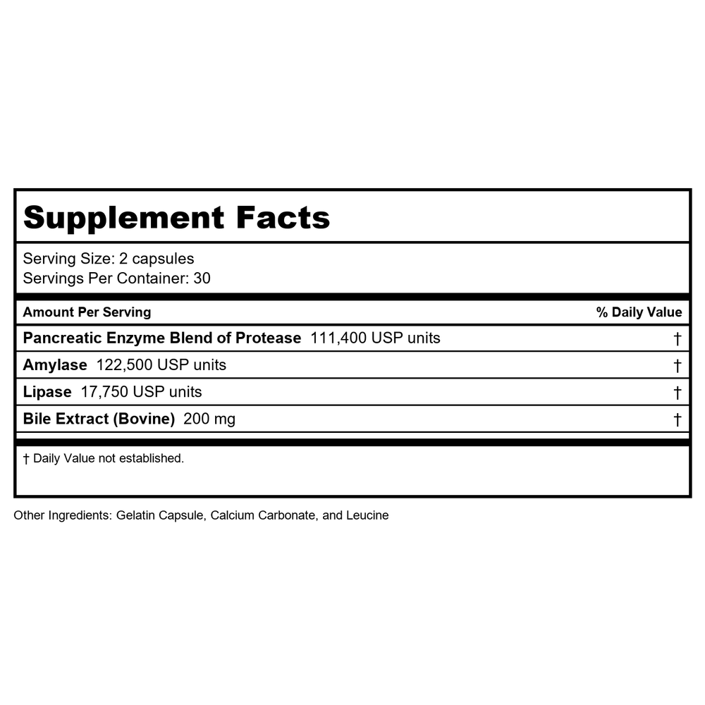 Vital Nutrients Pancreatin and Ox Bile Extract 60 caps - Supplement Facts panel