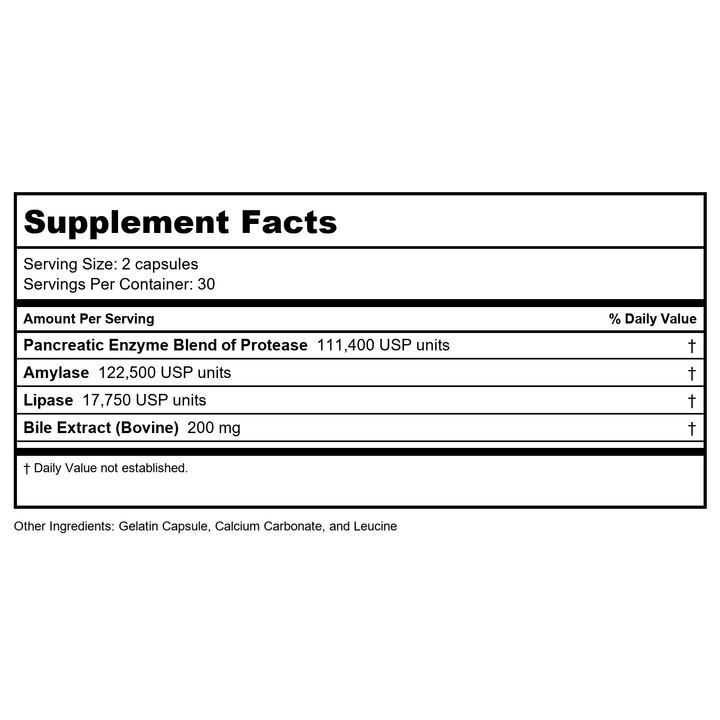 Vital Nutrients Pancreatin and Ox Bile Extract 60 caps - Supplement Facts panel