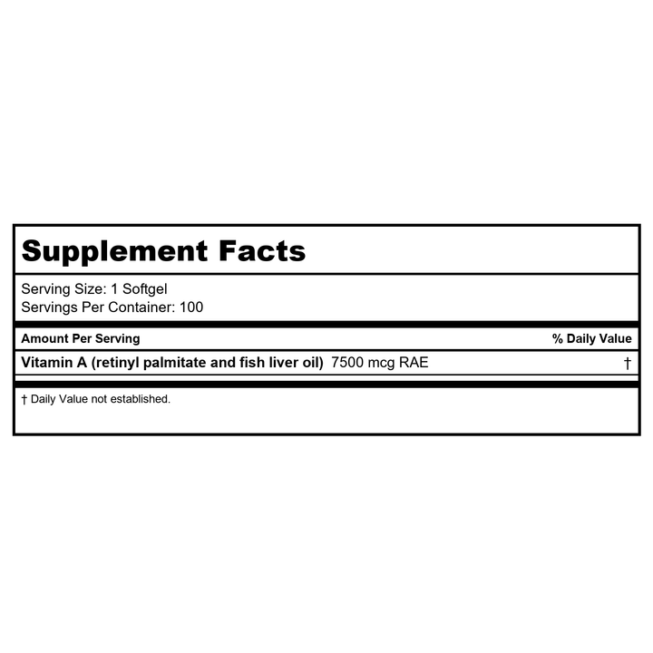 Klaire Labs Vitamin A 25000 IU 100 Softgels - Supplement Facts panel