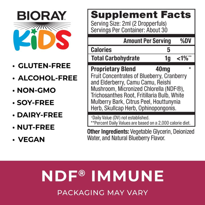 BioRay Kids NDF Immune 2oz - Supplement Facts panel
