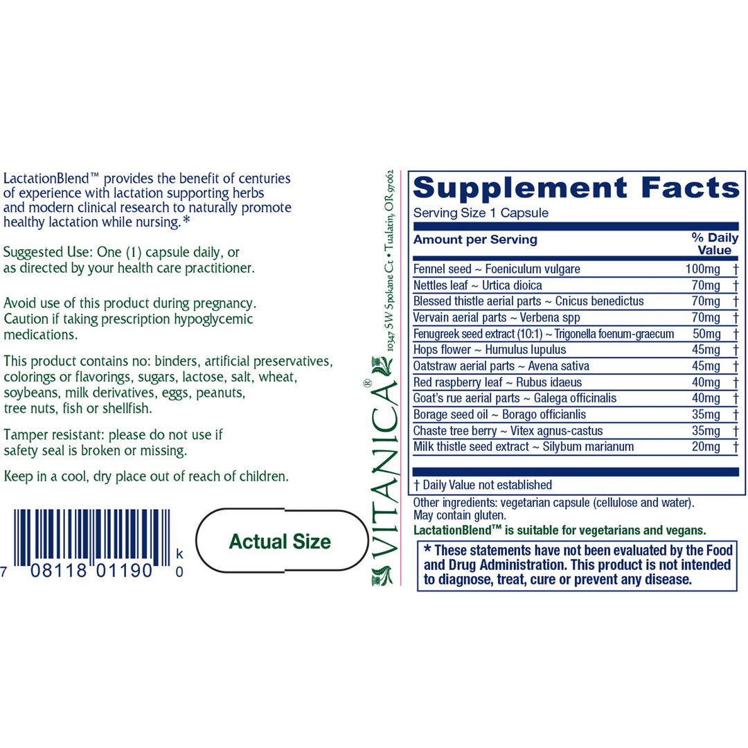 Vitanica LactionBlend 60 Vcaps - Supplement Facts panel