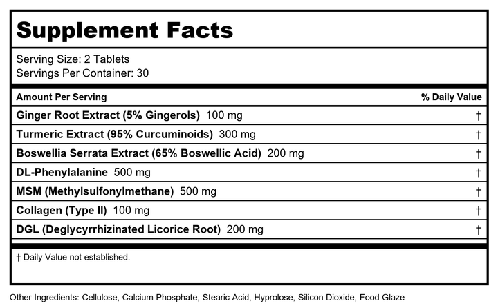 Vinco InjuRecov Trifecta 60 Tablets - VP-CF - Supplement Facts panel