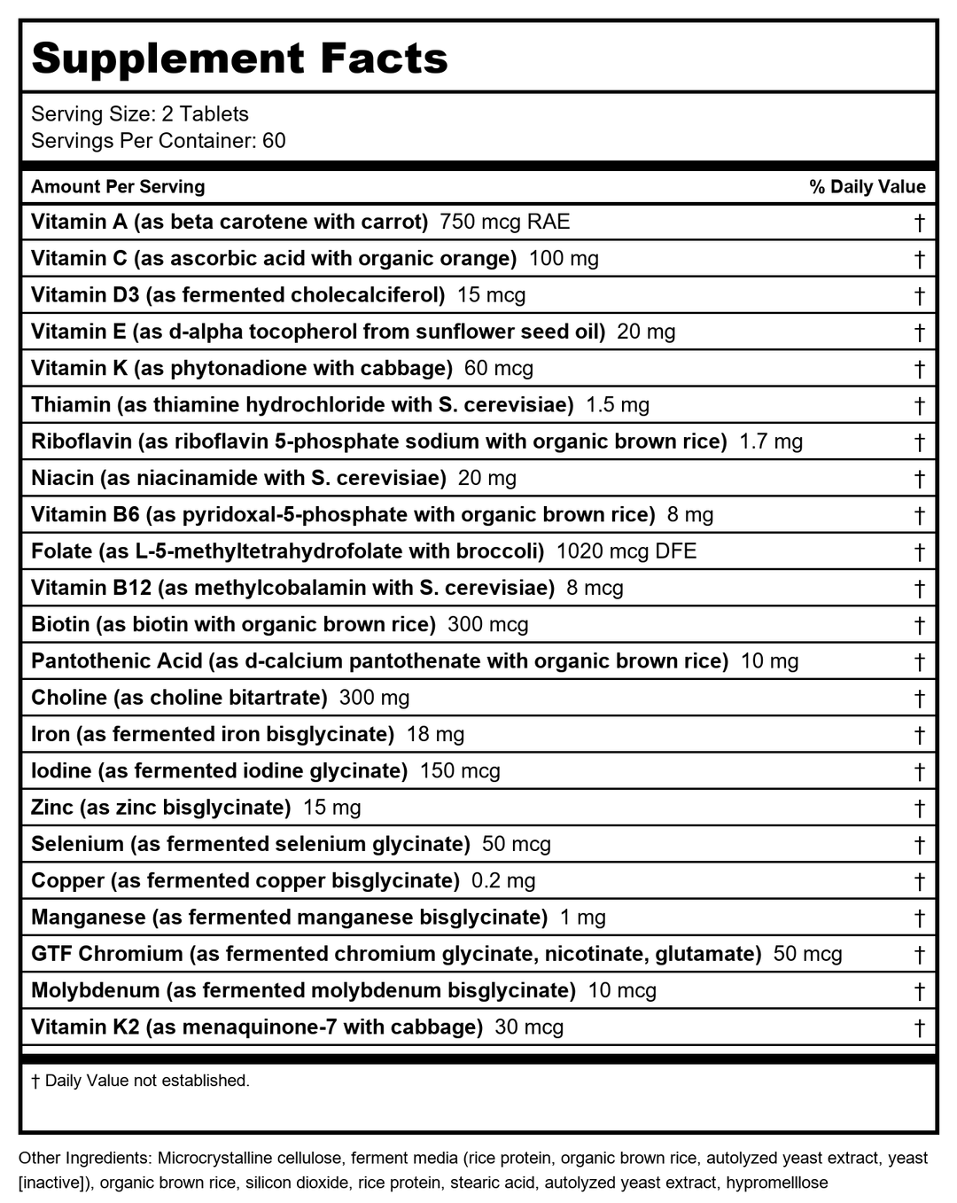 Innate Response Baby &amp; Me Multivitamin 120 Tablets - Supplement Facts panel
