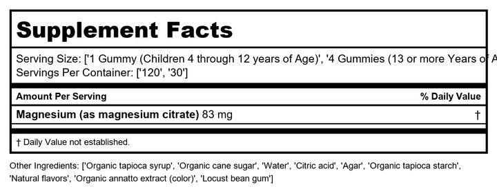 Natural Vitality Calm Gummies Orange 120 Count - Supplement Facts panel