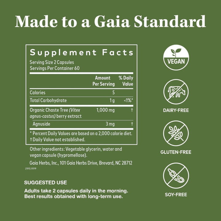 Gaia Herbs Vitex Berry For Women 120 Vegan Liquid Phyto-caps - Supplement Facts panel
