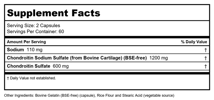 Now Foods Chondroitin Sulfate 600 mg 120 Capsules - 3226 - Supplement Facts panel