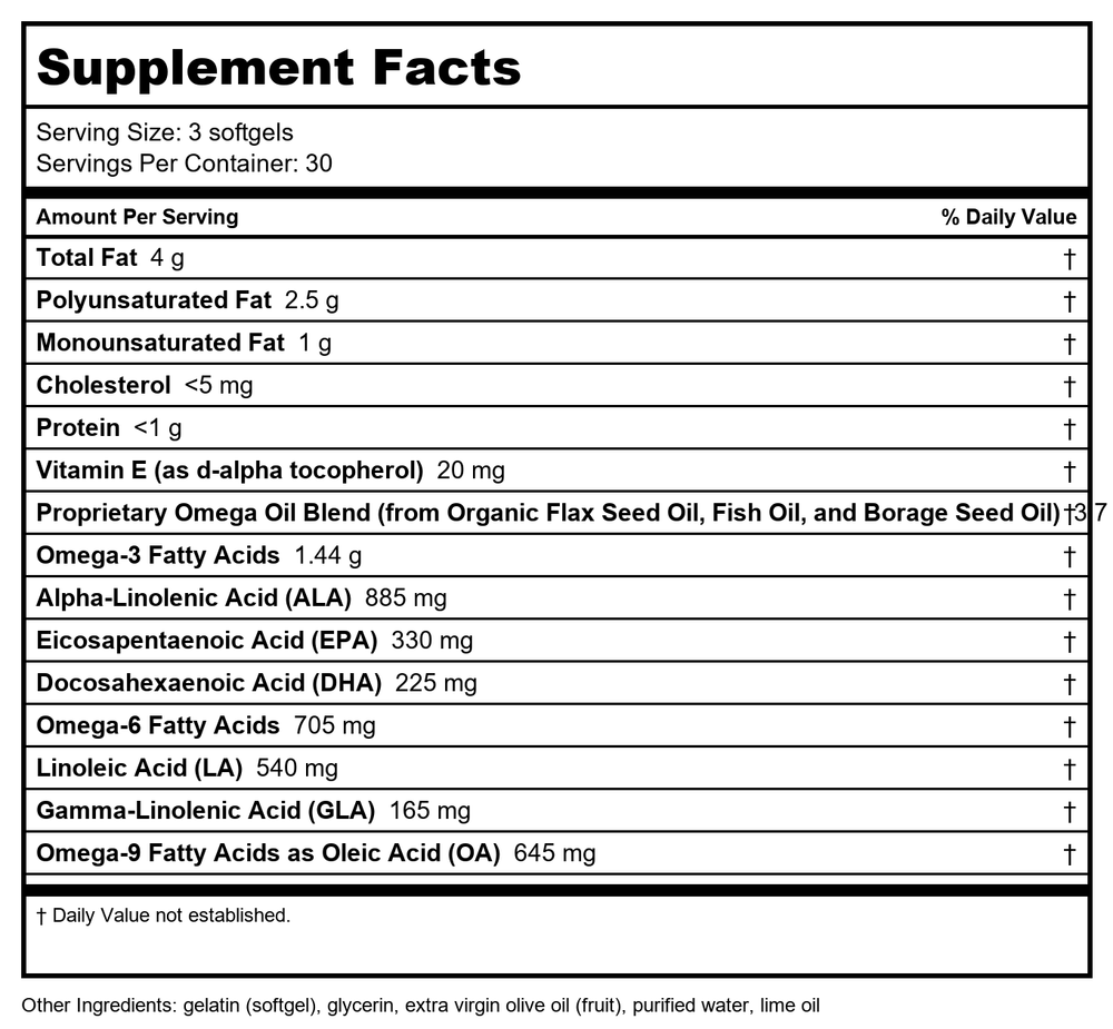 Nature's Way Mega 3/6/9 Omega Blend Lime Flavor 90 Softgels - Supplement Facts panel