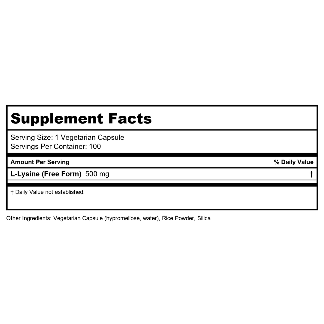 Now Foods L-Lysine 500mg 100 Vcaps - 0110 - 3 Pack - Supplement Facts panel
