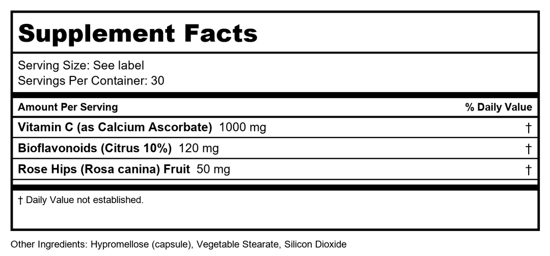 Vinco Buffered Vitamin C 1000 100 Tablets - Supplement Facts panel