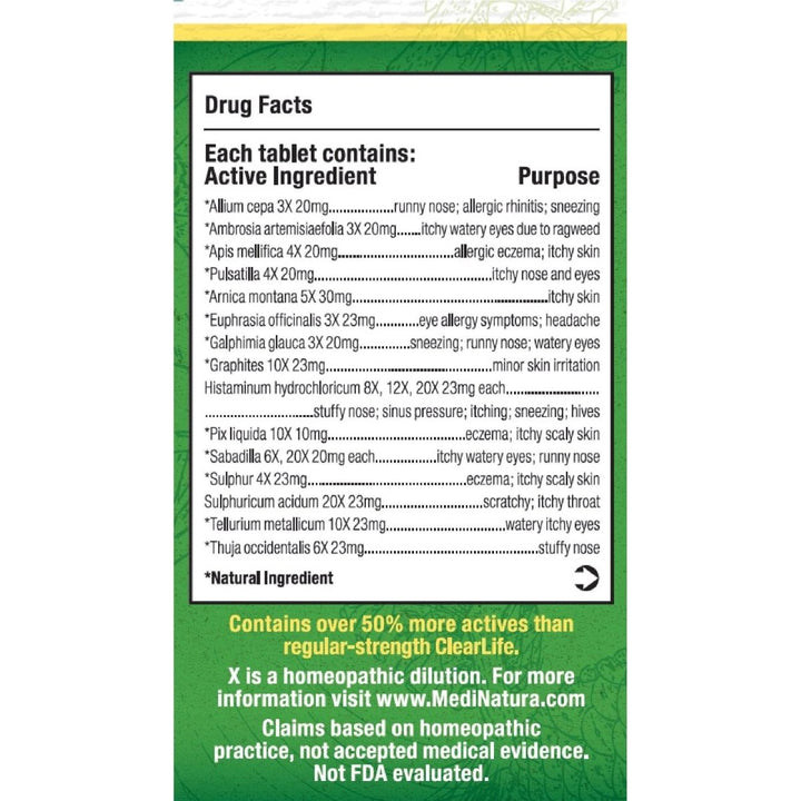 Medinatura ClearLife Allergy Extra Strength 60 Tablets - Supplement Facts panel