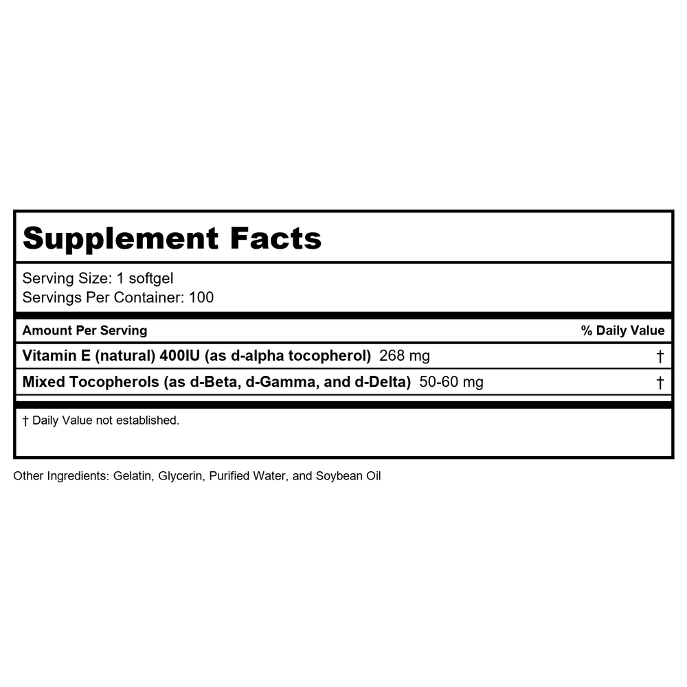 Vital Nutrients Vitamin E 400 With Mixed Tocopherols 100 Softgels - Supplement Facts panel