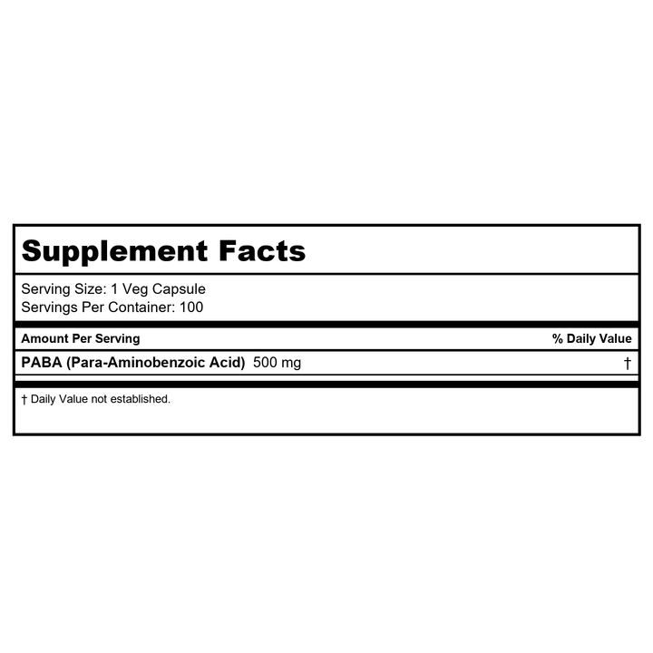 Now Foods PABA 500 mg 100 Capsules - 0485 - 3 Pack - Supplement Facts panel