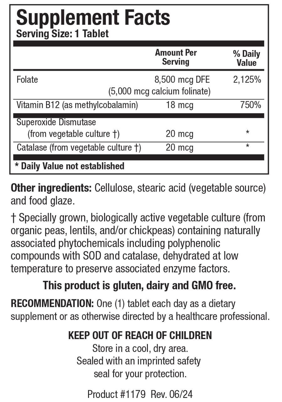 Biotics Research Folate-5 Plus With Vitamin B12 120 Tablets - Supplement Facts panel
