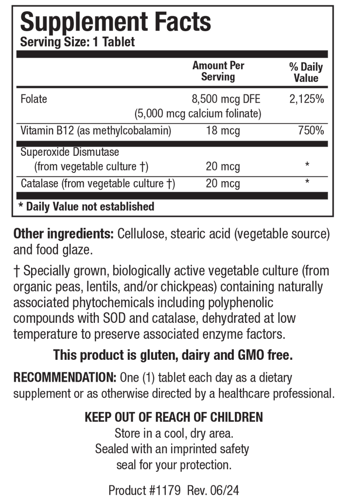 Biotics Research Folate-5 Plus With Vitamin B12 120 Tablets - Supplement Facts panel