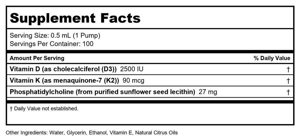 Quicksilver Scientific Nanoemulsified D3K2 1.7 oz - Supplement Facts panel