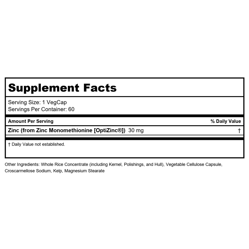 Solaray OptiZinc 30 mg 60 Vcaps - 3 Pack - Supplement Facts panel
