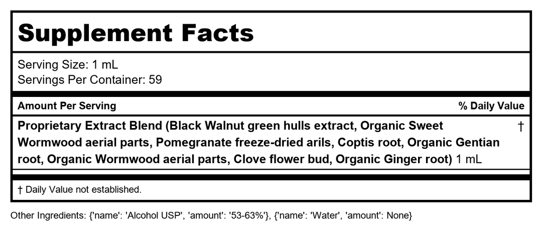 Gaia Herbs Wormwood Black Walnut Supreme 1oz - 2 Pack - Supplement Facts panel