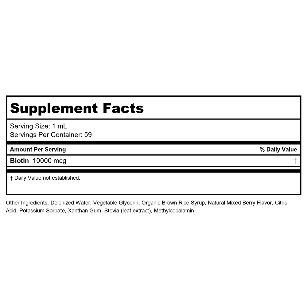 KAL Ultra Biotin DropIns 10000 mcg 2oz - PN 23262 - Supplement Facts panel