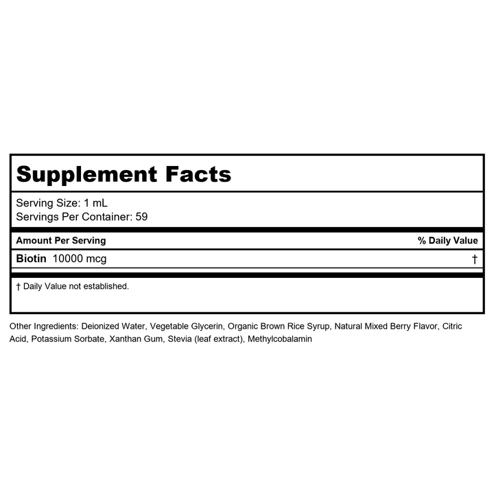 KAL Ultra Biotin DropIns 10000 mcg 2oz - PN 23262 - Supplement Facts panel
