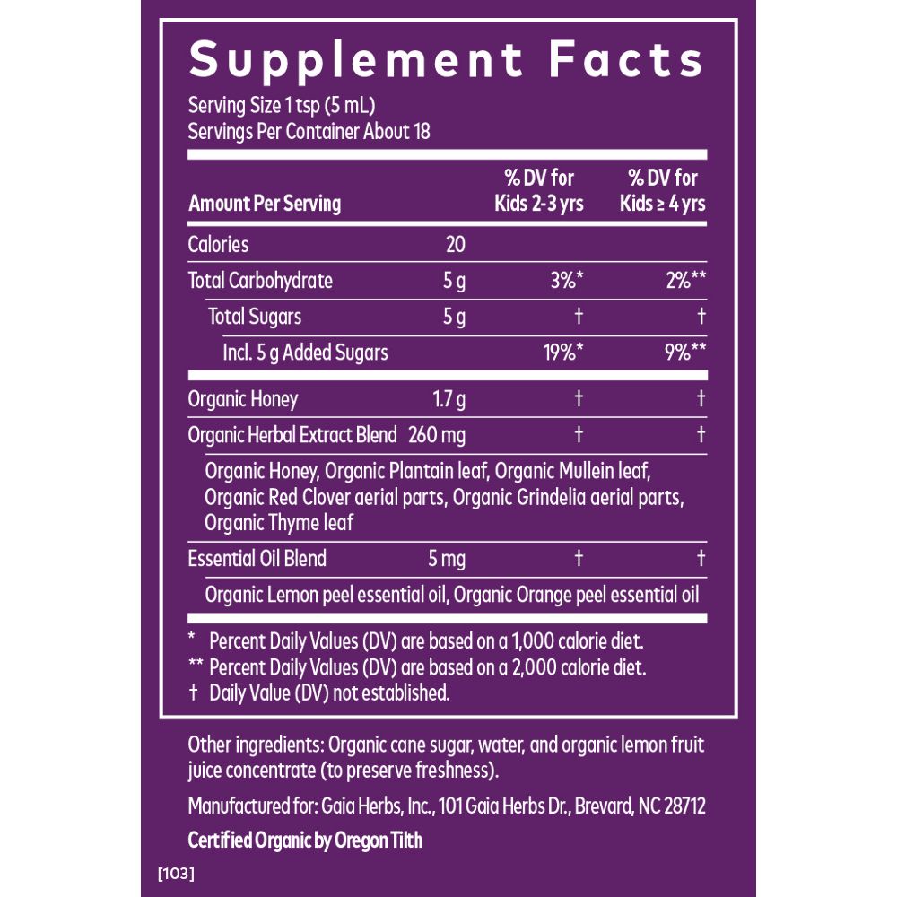 Gaia Herbs GaiaKids Bronchial Wellness Syrup 3oz - 2 Pack - Supplement Facts panel
