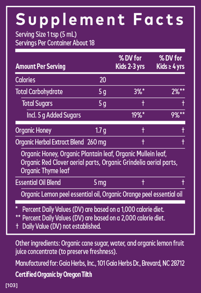 Gaia Herbs GaiaKids Bronchial Wellness Syrup 3oz - 2 Pack - Supplement Facts panel