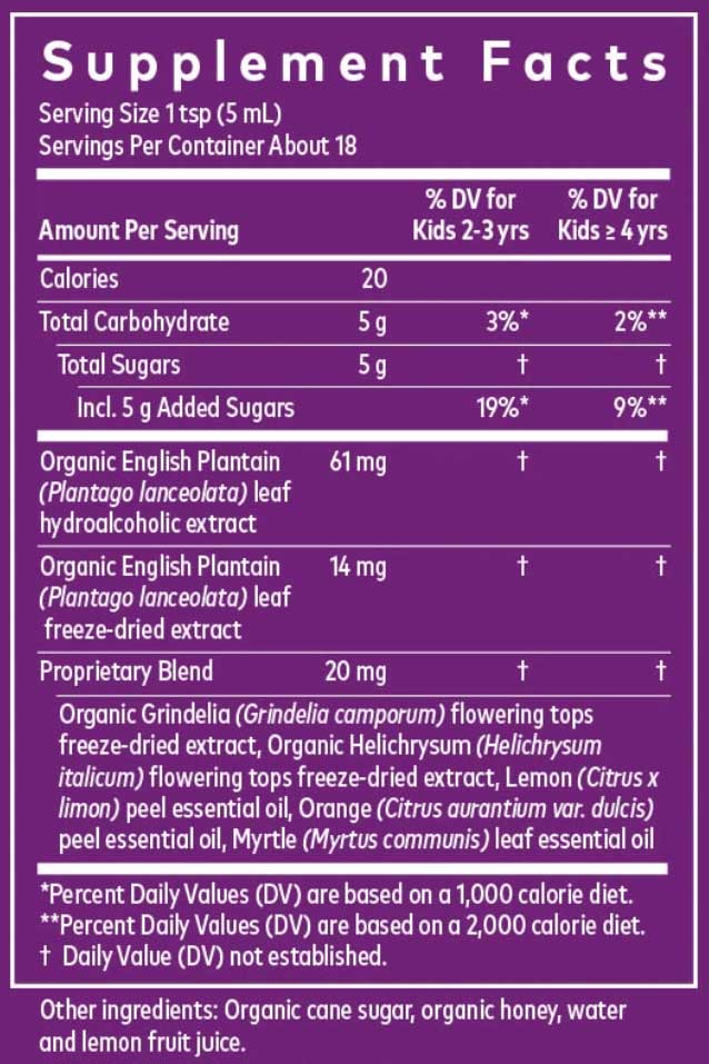 Gaia Herbs GaiaKids Bronchial Wellness Syrup 3oz - 2 Pack - Supplement Facts panel