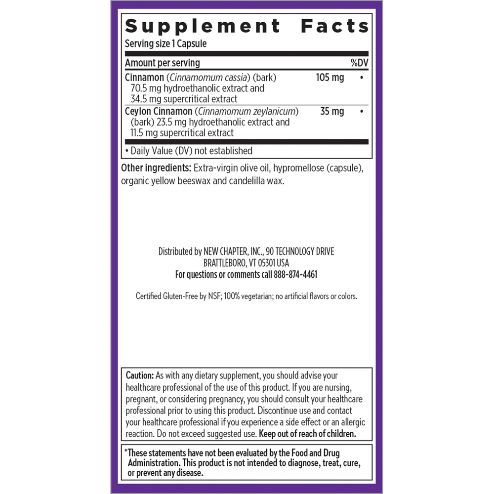 New Chapter Cinnamon Force 60 Vcaps - Supplement Facts panel