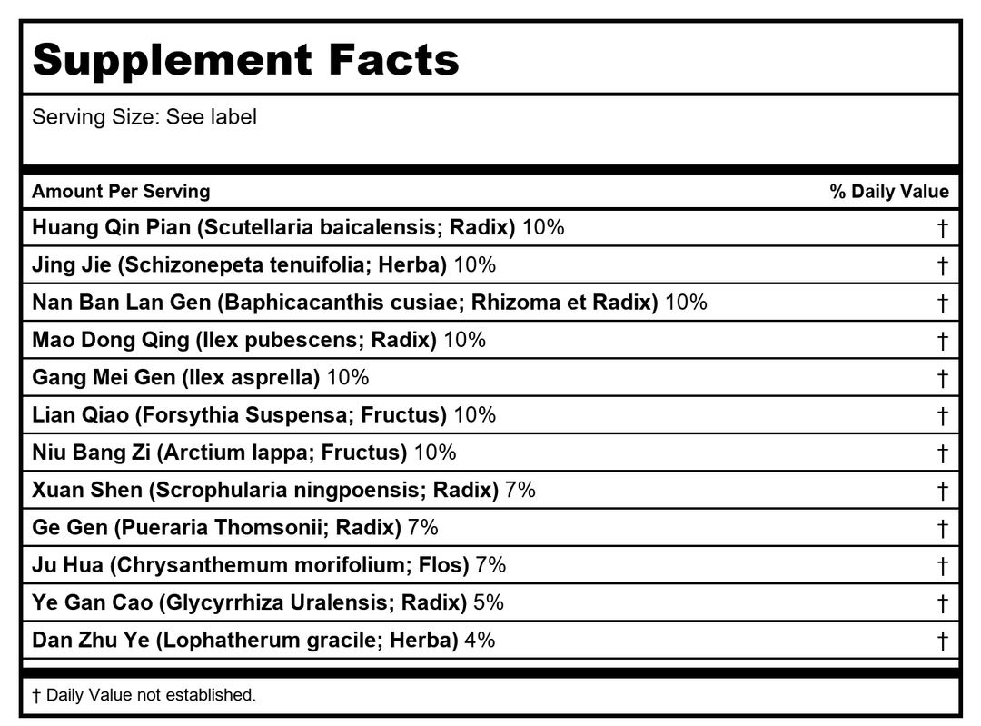 Nuherbs Jade Dragon Cold Burst Zhong Gan Ling 200 Teapills - Supplement Facts panel