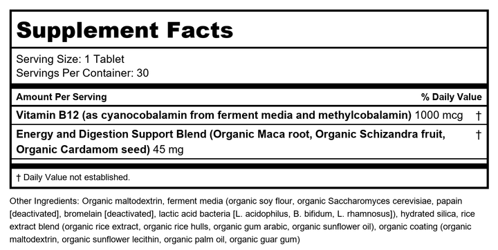 New Chapter Fermented Vitamin B12 30 Tablets - Supplement Facts panel