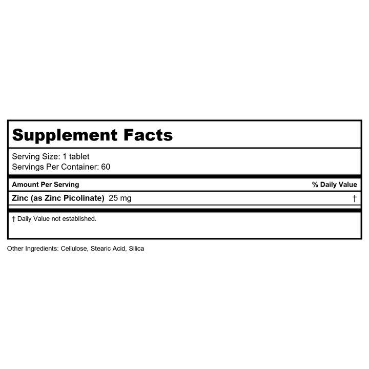 Thompson Zinc Picolinate 25mg 60 Tablets     19105 - Supplement Facts panel