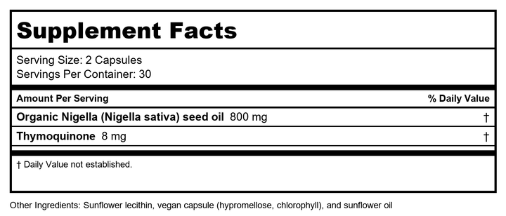 Gaia Herbs Black Seed Oil 60 Vcaps - Supplement Facts panel