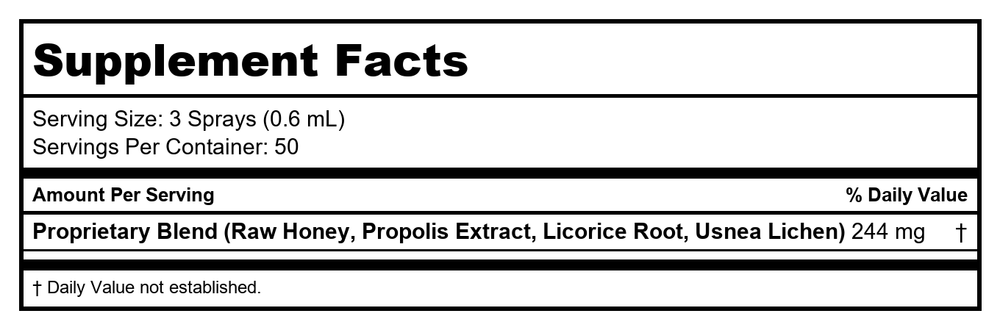 Honey Gardens Propolis Throat Spray 1oz   PN 00007 - Supplement Facts panel