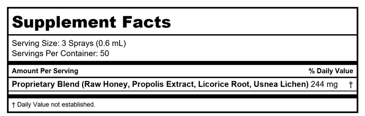 Honey Gardens Propolis Throat Spray 1oz   PN 00007 - Supplement Facts panel