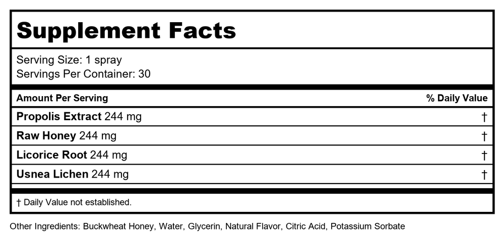 Honey Gardens Propolis Throat Spray 1oz - 2 Pack - Supplement Facts panel
