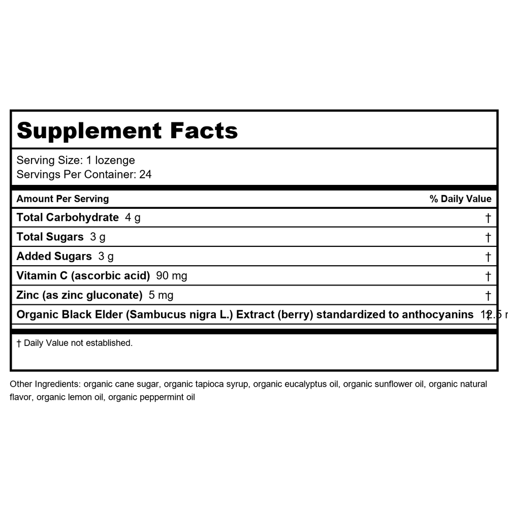 Nature's Way Sambucus Organic Zinc Peppermint 24 Lozenges - Supplement Facts panel