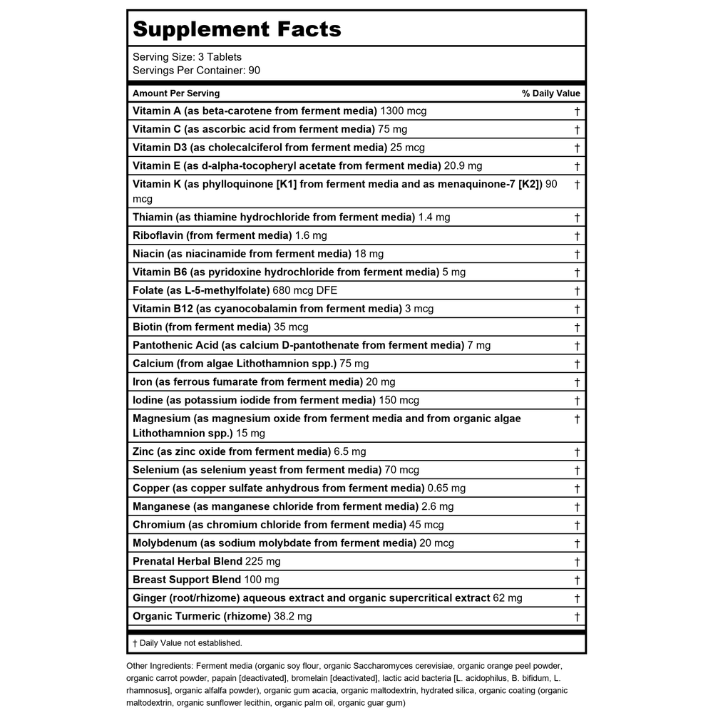 New Chapter Perfect Prenatal Trimester 270 Tablets - Supplement Facts panel
