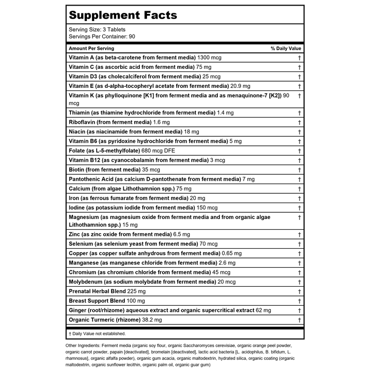 New Chapter Perfect Prenatal Trimester 270 Tablets - Supplement Facts panel