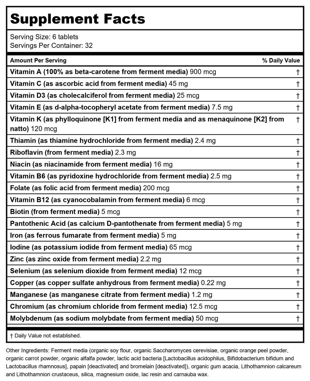 New Chapter Tiny Tabs Multivitamin 192 Vtabs - Supplement Facts panel