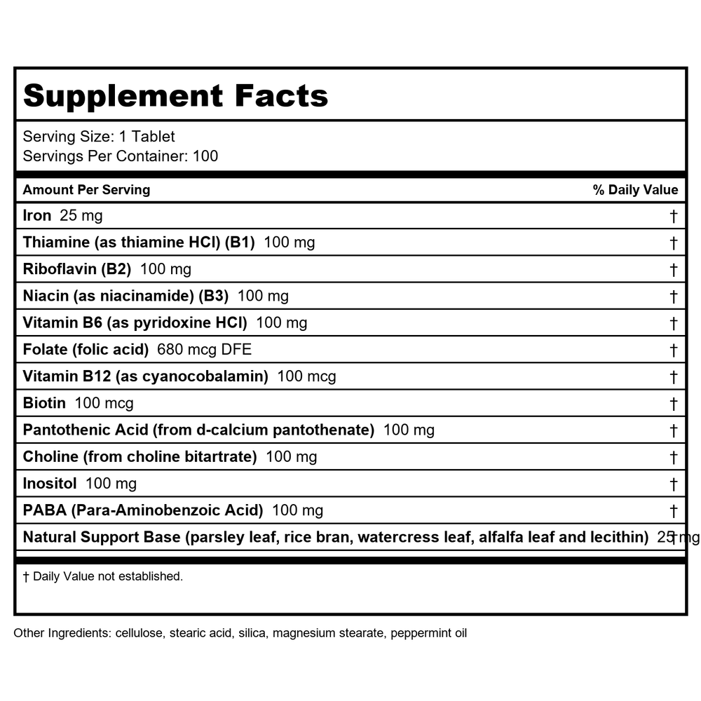 KAL Iron Complex + 25mg 100 Tablets - Supplement Facts panel