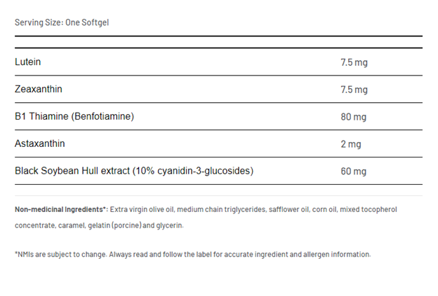 AOR Vision Support II 60 Softgels - Supplement Facts panel