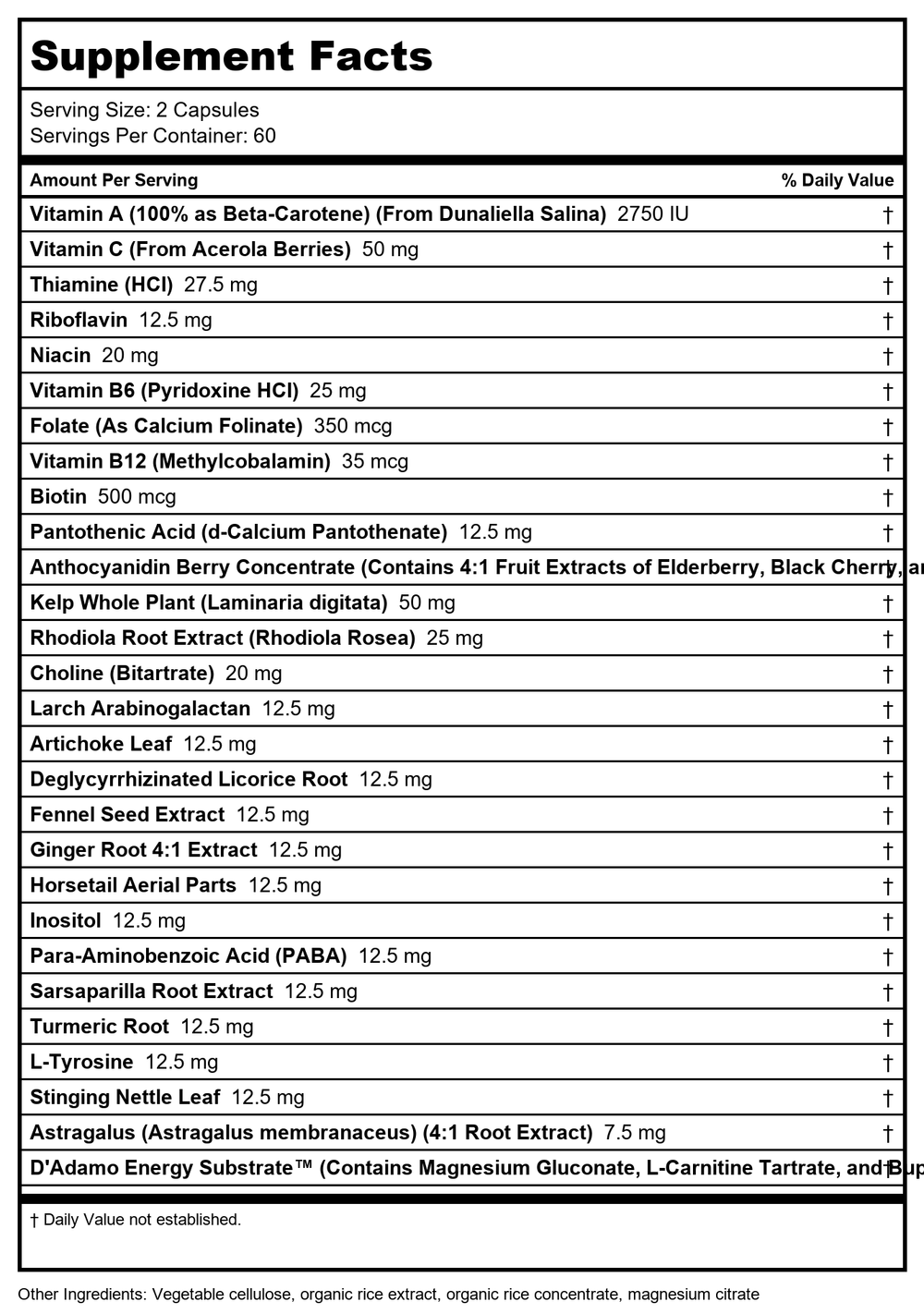 D'Adamo Polyvite Type O 120 Capsules - 2 Pack - Supplement Facts panel