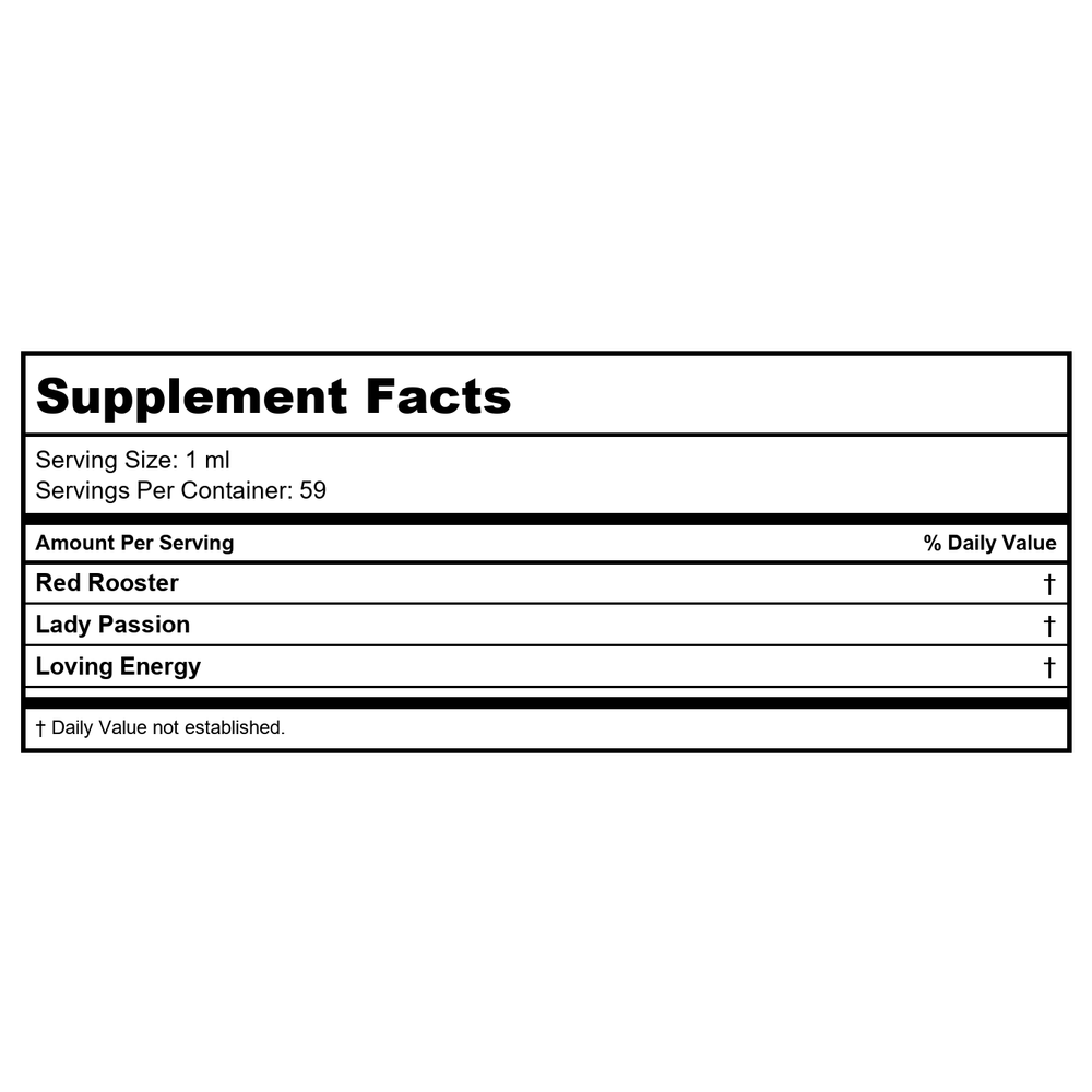 Bioray Love Tonic Kit - Loving Energy / Lady Passion / Red Rooster 2oz - Supplement Facts panel