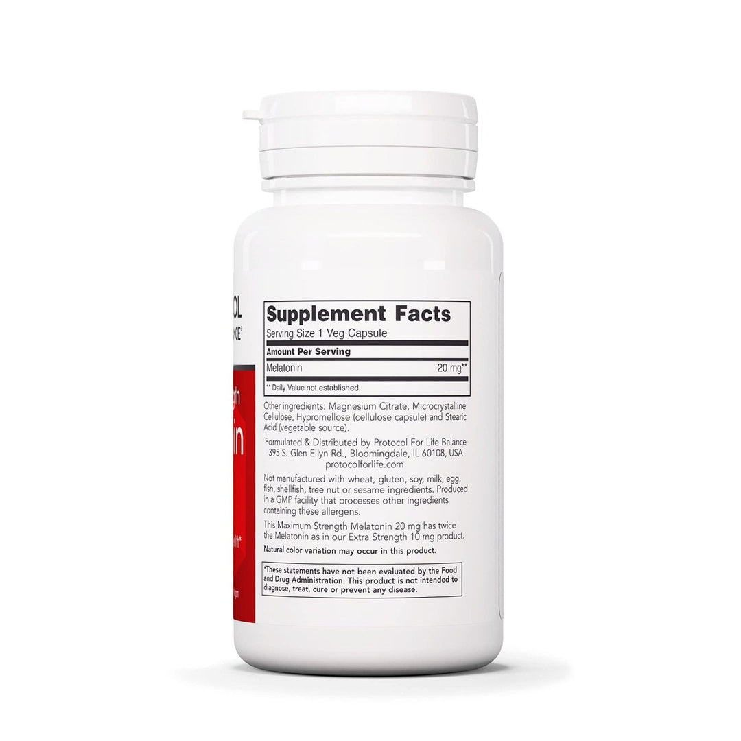 Protocol For Life Balance Melatonin Maximun Strength 20mg 90 Vcaps - Supplement Facts panel