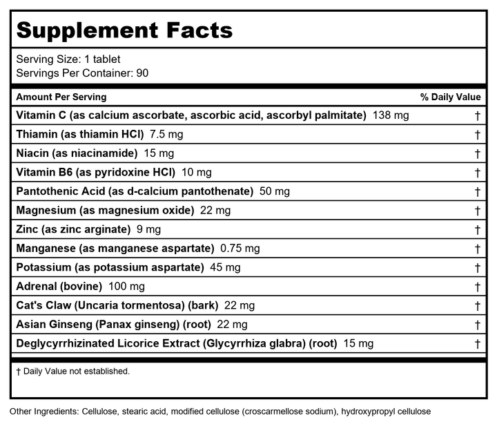 Apex Energetics Adreno-Zyme 90 Tablets - Z05 - B0928MNT1B - Supplement Facts panel